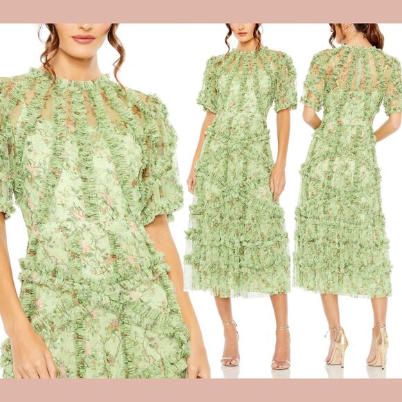 NWT $598 Mac Duggal [ 16 ] 8010 Floral Flutter Sleeve Mesh Print Dress Sage Gree - Picture 1 of 14
